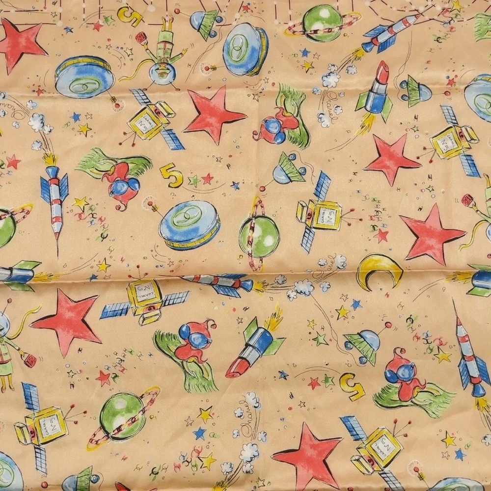 Chanel Pink Whimsical Celestial Stars Moon Planet Silk Scarf